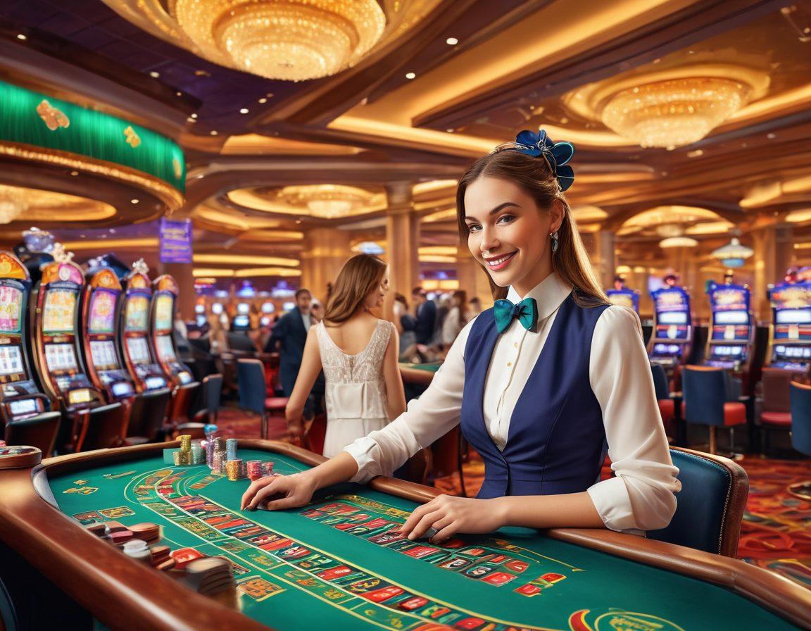 A vibrant casino scene with a dazzling array of slot machines and colorful jackpot symbols, featuring a cheerful player winning a big jackpot. Include a background of a luxurious casino setting with bright lights, excitement, and elegantly dressed patrons engaging at various gaming tables. Add elements of luck like four-leaf clovers and horseshoes subtly integrated into the scene. watercolor style. lively colors.