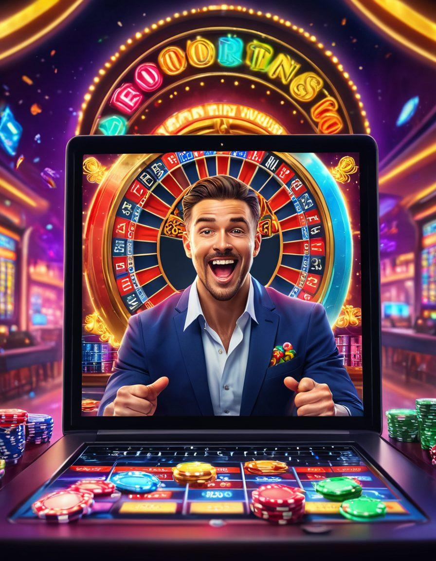 An eye-catching scene of a vibrant online casino with animated digital slot machines, colorful chips flying around, and a joyful player winning big with a jackpot. Incorporate elements like glowing neon lights and a diverse group of excited people celebrating their wins. Ensure a mix of luxury and modern technology in the atmosphere. super-realistic. vibrant colors. dynamic composition.
