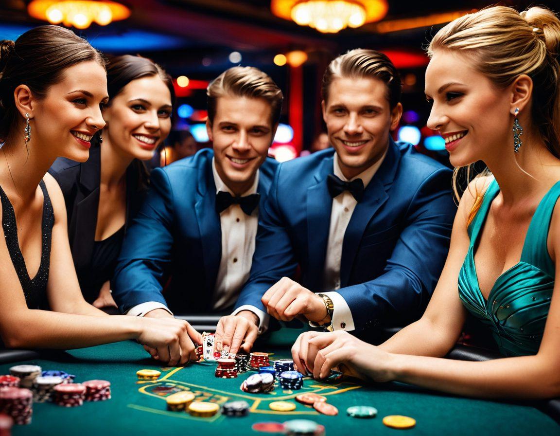 A captivating scene set in a luxurious casino, showcasing a diverse group of excited gamblers at a vibrant poker table, piles of colorful chips and cards in hand. Dramatic lighting highlights their expressions of joy and tension as they engage in a high-stakes game, with bright slot machines in the background creating an electrifying atmosphere. The overall color palette is rich and bold, emphasizing the thrill of gambling. super-realistic. vibrant colors. cinematic lighting.